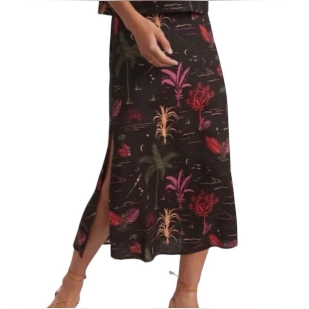 Marine Layer Black Midi Skirt with Pink, Red and Green Tropical Print